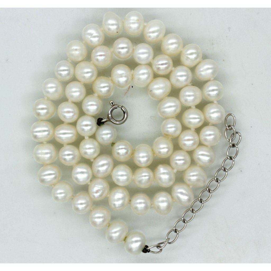 925 Sterling White Baroque Fresh Water Hand Tied Pearl Necklace 7mm X 17 12 39$